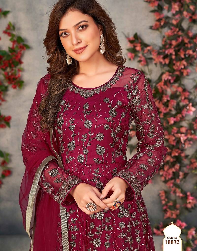 Maroon net sequins work semi stitched size up to 42 salwar suits