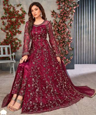 Maroon net sequins work semi stitched size up to 42 salwar suits 2
