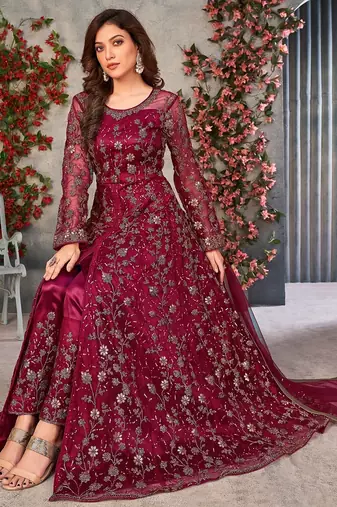 Maroon net sequins work semi stitched size up to 42 salwar suits