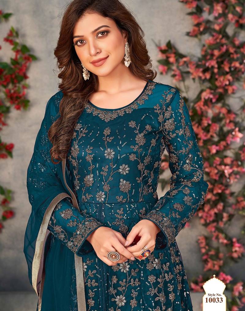 Teal blue net sequins work semi stitched size up to 42 salwar suits