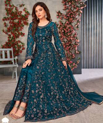 Teal blue net sequins work semi stitched size up to 42 salwar suits 2