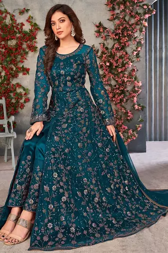 Teal blue net sequins work semi stitched size up to 42 salwar suits