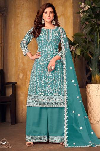 Blue net sequins work semi stitched size up to 42 salwar suits