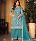 Blue net sequins work semi stitched size up to 42 salwar suits