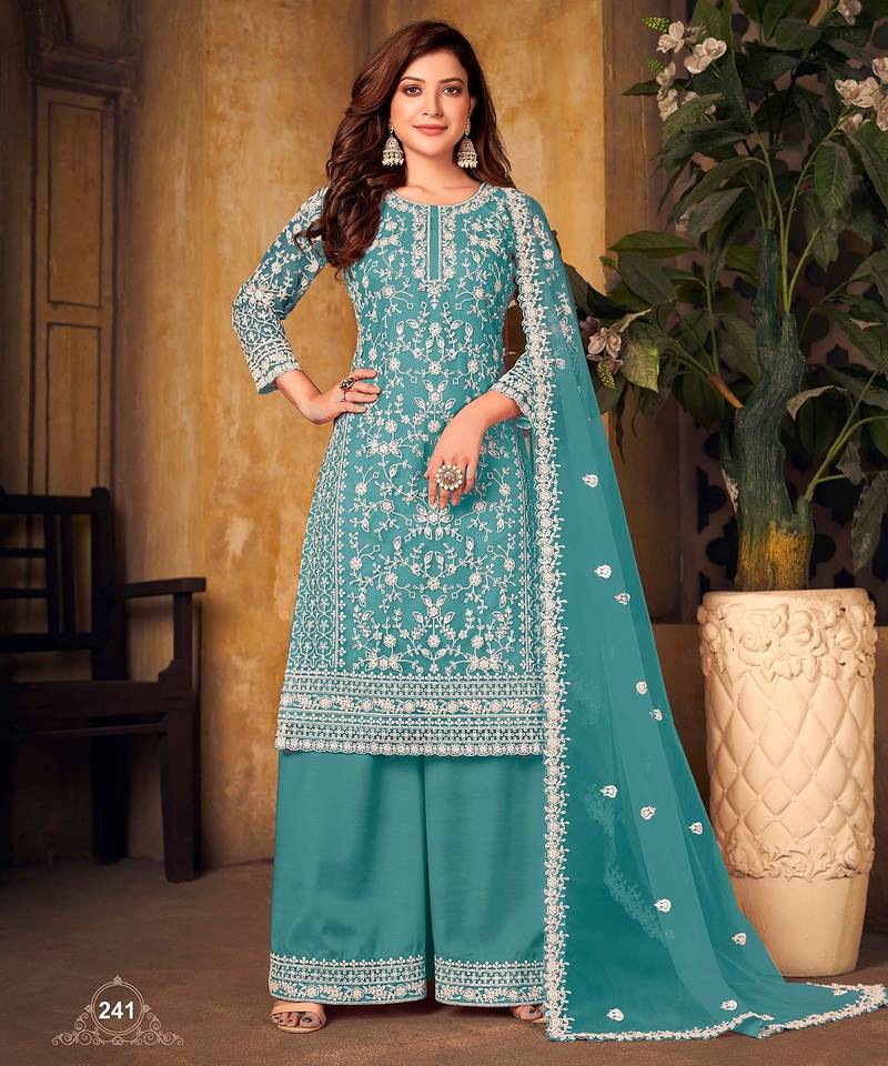 Blue net sequins work semi stitched size up to 42 salwar suits