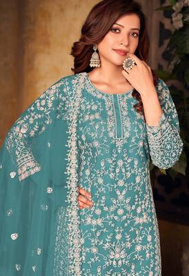 Blue net sequins work semi stitched size up to 42 salwar suits 2