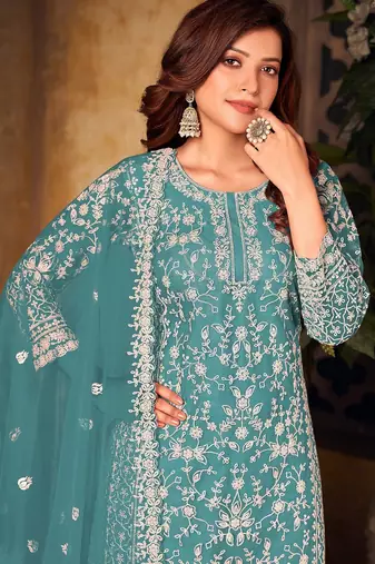 Blue net sequins work semi stitched size up to 42 salwar suits