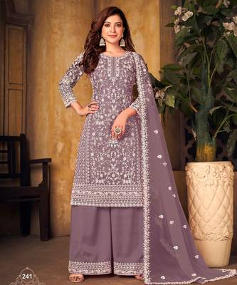 Mauve net sequins work semi stitched size up to 42 salwar suits 1