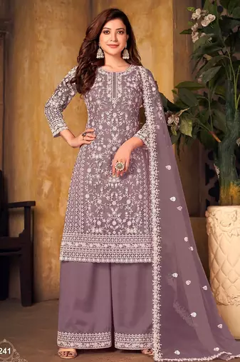 Mauve net sequins work semi stitched size up to 42 salwar suits