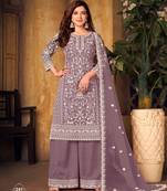 Mauve net sequins work semi stitched size up to 42 salwar suits