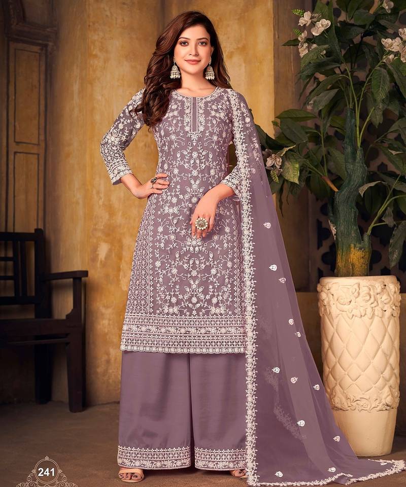 Mauve net sequins work semi stitched size up to 42 salwar suits