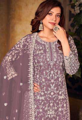 Mauve net sequins work semi stitched size up to 42 salwar suits 2
