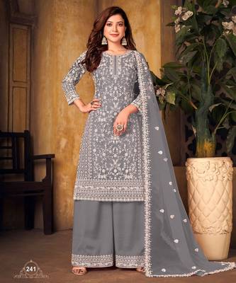 Grey net sequins work semi stitched size up to 42 salwar suits 1