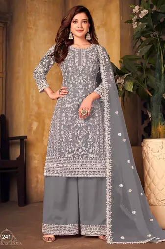 Grey net sequins work semi stitched size up to 42 salwar suits
