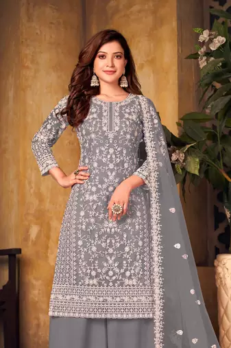Grey net sequins work semi stitched size up to 42 salwar suits