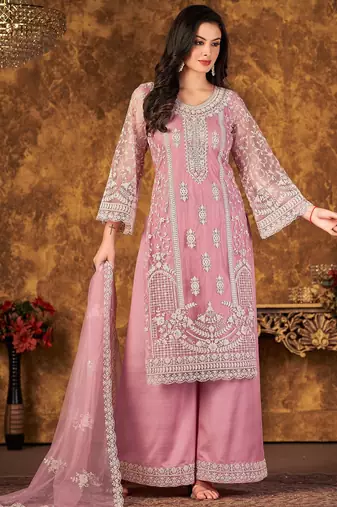 Pink net hand embroidery semi stitched size up to 42 salwar suits