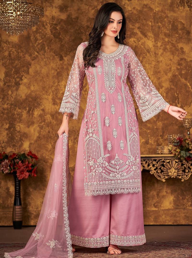 Pink net hand embroidery semi stitched size up to 42 salwar suits