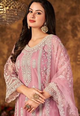 Pink net hand embroidery semi stitched size up to 42 salwar suits 2