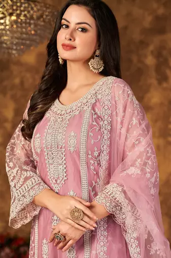 Pink net hand embroidery semi stitched size up to 42 salwar suits
