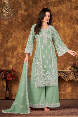 Green net hand embroidery semi stitched size up to 42 salwar suits 1