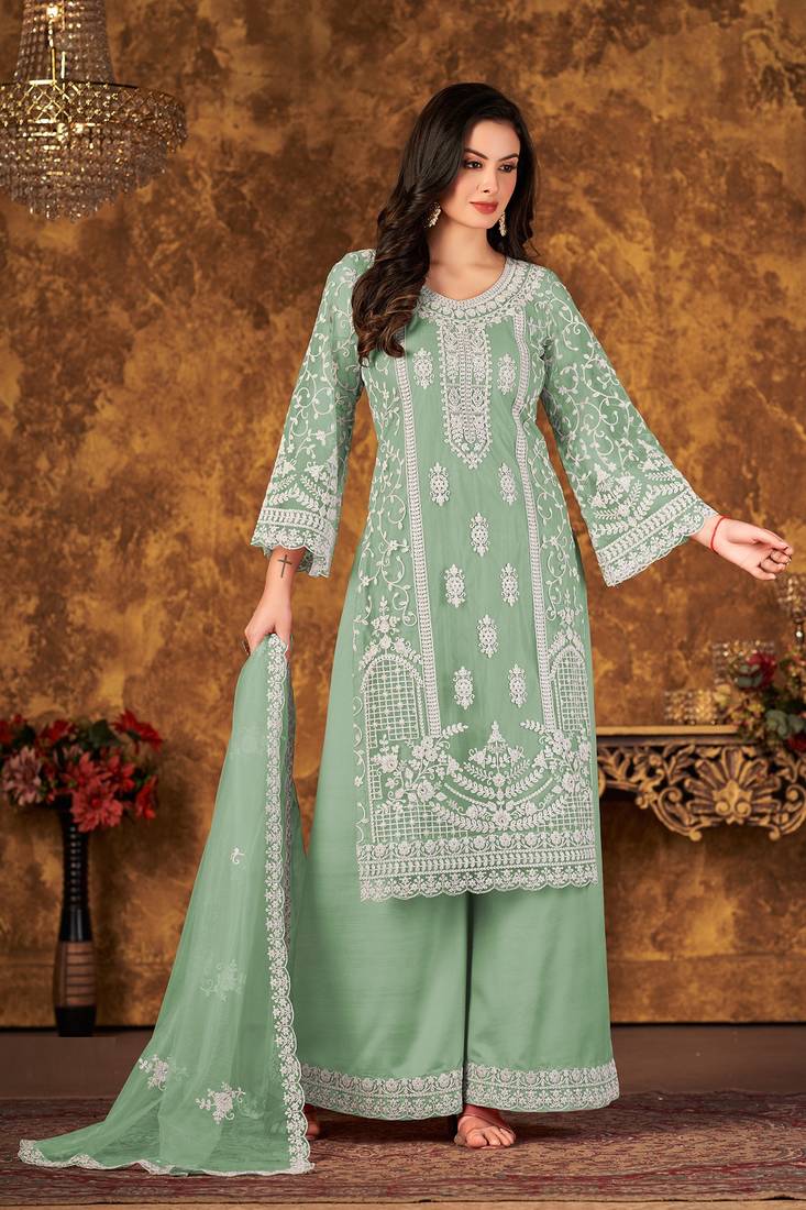 Green net hand embroidery semi stitched size up to 42 salwar suits