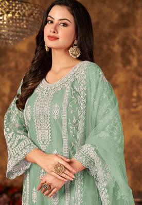 Green net hand embroidery semi stitched size up to 42 salwar suits 2