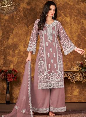 Pink net hand embroidery semi stitched size up to 42 salwar suits 1