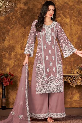 Pink net hand embroidery semi stitched size up to 42 salwar suits