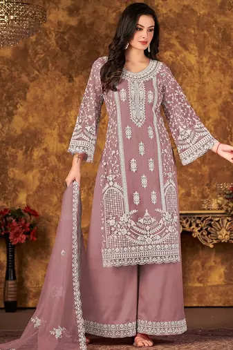 Pink net hand embroidery semi stitched size up to 42 salwar suits