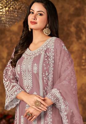 Pink net hand embroidery semi stitched size up to 42 salwar suits 2