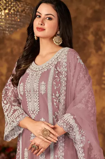 Pink net hand embroidery semi stitched size up to 42 salwar suits