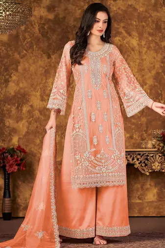 Peach net hand embroidery semi stitched size up to 42 salwar suits