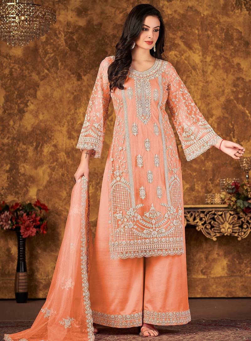 Peach net hand embroidery semi stitched size up to 42 salwar suits