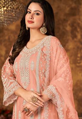 Peach net hand embroidery semi stitched size up to 42 salwar suits 2