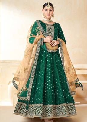 Green art silk sequins work semi stitched size up to 42 salwar suits 1