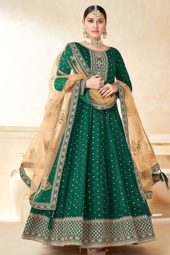 Green art silk sequins work semi stitched size up to 42 salwar suits
