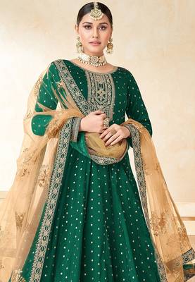 Green art silk sequins work semi stitched size up to 42 salwar suits 2