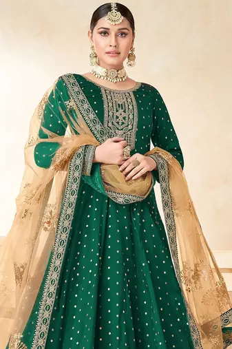 Green art silk sequins work semi stitched size up to 42 salwar suits
