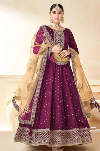 Wine art silk sequins work semi stitched size up to 42 salwar suits