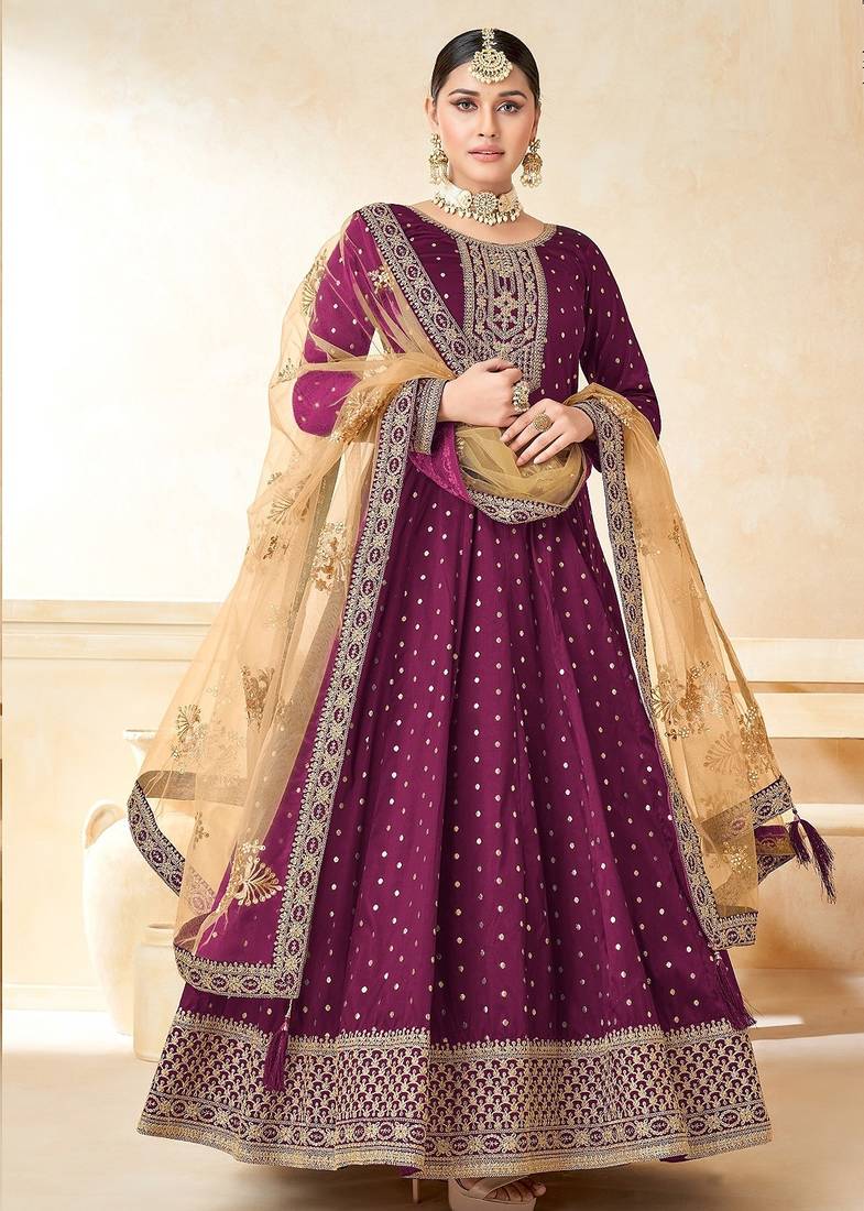 Wine art silk sequins work semi stitched size up to 42 salwar suits