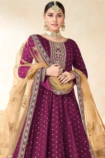 Wine art silk sequins work semi stitched size up to 42 salwar suits