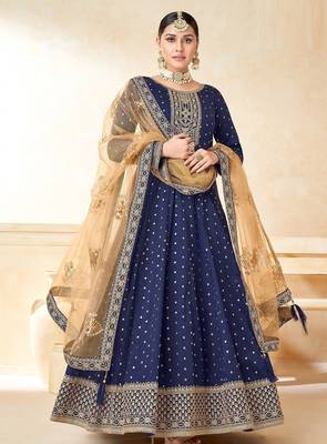 Blue art silk sequins work semi stitched size up to 42 salwar suits 1