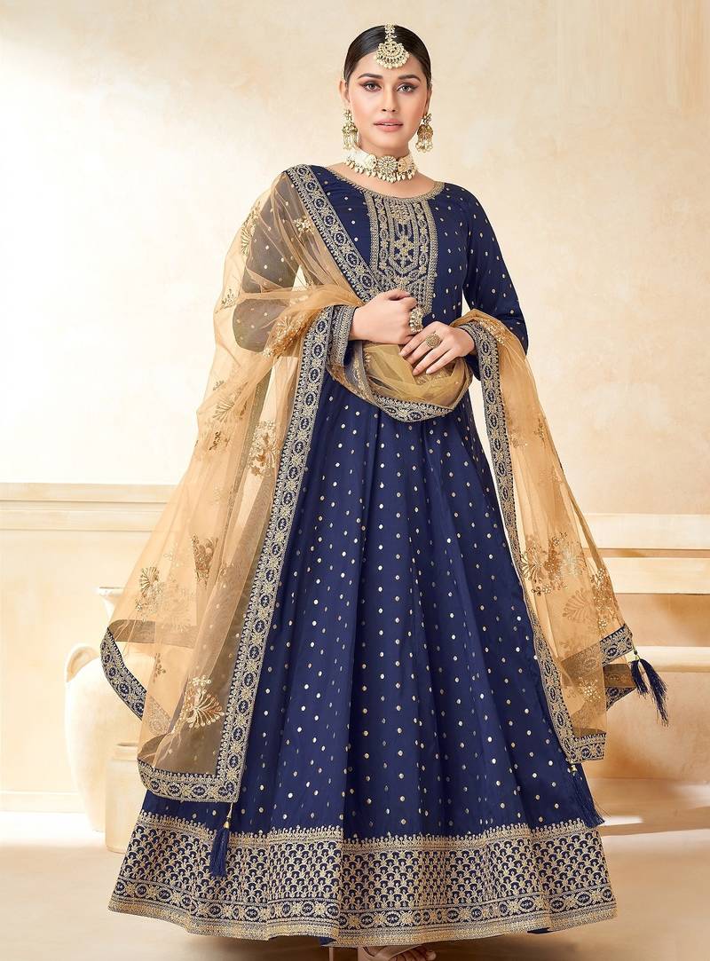 Blue art silk sequins work semi stitched size up to 42 salwar suits