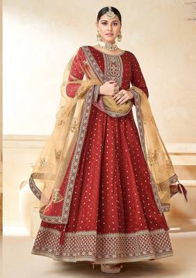 Red art silk sequins work semi stitched size up to 42 salwar suits 1