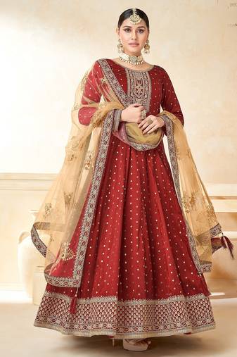 Red art silk sequins work semi stitched size up to 42 salwar suits