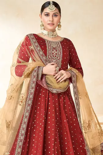Red art silk sequins work semi stitched size up to 42 salwar suits