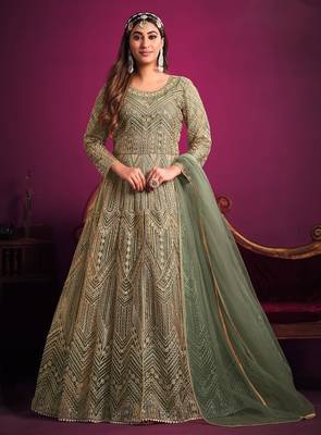 Green net sequins work semi stitched size up to 42 salwar suits 1
