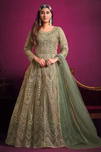 Green net sequins work semi stitched size up to 42 salwar suits