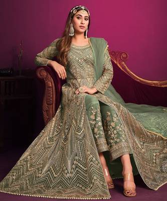 Green net sequins work semi stitched size up to 42 salwar suits 2