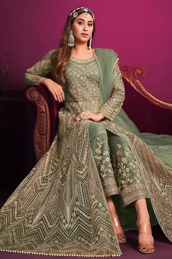 Green net sequins work semi stitched size up to 42 salwar suits